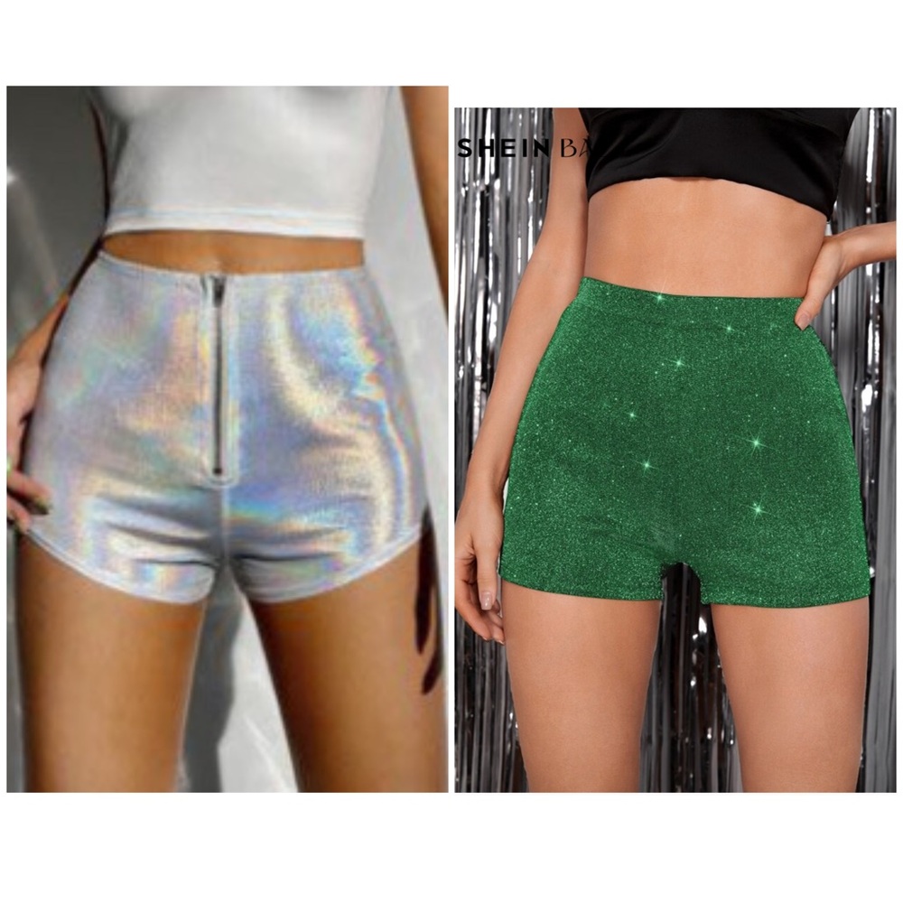 2 NWOT SHEIN Silver and Green High Waist metallic & glitter Shorts & FREE TOP